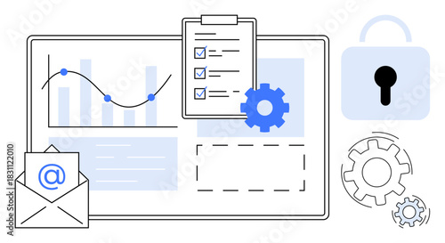 Chart with checklists, gears, lock, and email symbol representing analysis, security, and communication. Ideal for data management, project planning, security process automation email marketing