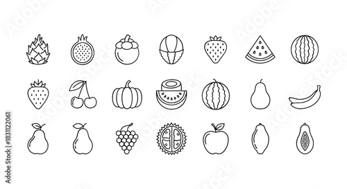 Set of fruit icons vector collection outline stroke design healthy organic fresh vegetarian