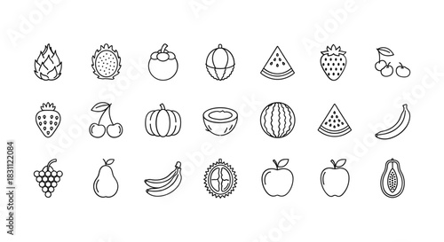 Set of outline fruits icons collection dragon fruit mangosteen watermelon strawberry and others