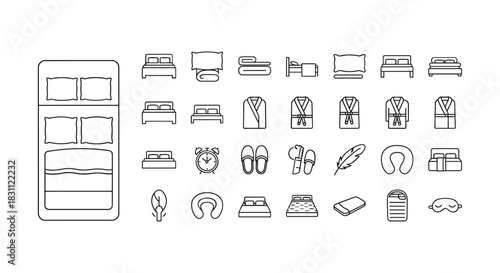 Bedtime vector collection of icons set line style for sleeping and rest including pillows and robe