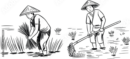 Asian Rice Farmers Working in Paddy Field Vector Sketch, Conical Hat Agriculture Illustration, Hand-Drawn Farming Labor Graphic, Traditional Crop Harvest