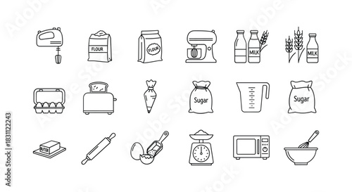 Baking kitchen equipment and cooking ingredient icons for recipe outline black line style set