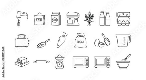 Set of kitchen cooking tools and baking ingredient icons in vector black outline design