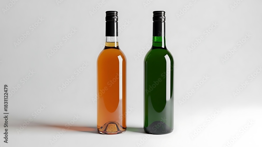 Obraz premium Contrasting two bottles: amber liquid, empty green, studio setup.