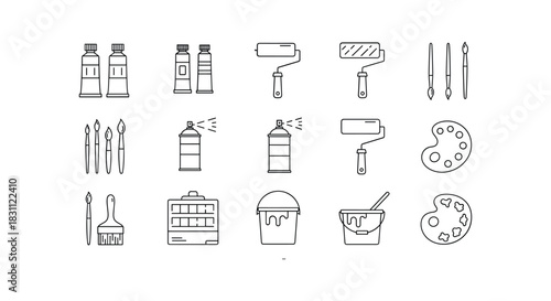 Art painting line icons set with roller, brush, tube paints and color palette at white background