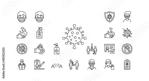 Coronavirus safety measures line icons set with mask, wash hands and sanitize at white background
