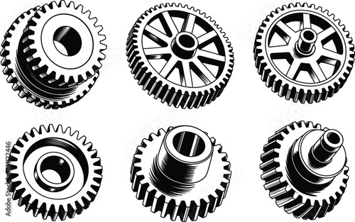 Mechanical Gear Engraving Vector Set, Detailed Cogwheel Sketch Collection, Industrial Machinery Parts, Technical Drawing Illustration, Black and White