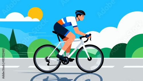 This vibrant geometric-style illustration depicts a cyclist riding a bicycle on a road, surrounded by trees and mountains under a vivid sunset sky, capturing the energy of outdoor cycling.