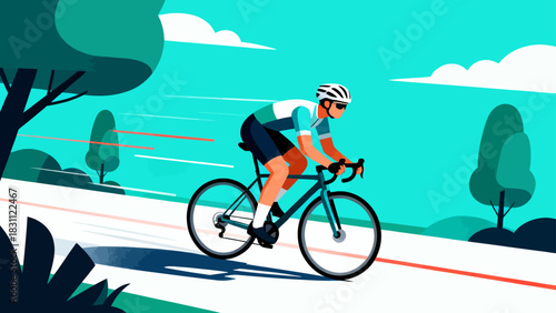 This vibrant geometric-style illustration depicts a cyclist riding a bicycle on a road, surrounded by trees and mountains under a vivid sunset sky, capturing the energy of outdoor cycling.