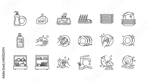 Dishwashing line icons set with dishes, soap, sponges, sink and dishwasher at white background
