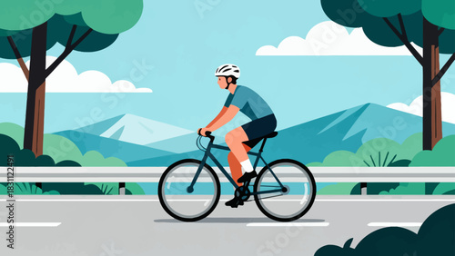 This vibrant geometric-style illustration depicts a cyclist riding a bicycle on a road, surrounded by trees and mountains under a vivid sunset sky, capturing the energy of outdoor cycling.