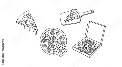 Outline set of mushroom pizza slice, pizza on shovel, open box, full round pizza concept on white background