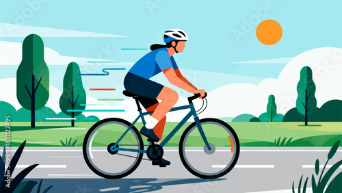 This vibrant geometric-style illustration depicts a cyclist riding a bicycle on a road, surrounded by trees and mountains under a vivid sunset sky, capturing the energy of outdoor cycling.