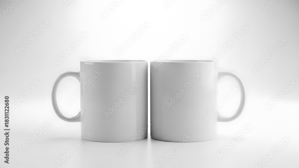 Fototapeta premium Two identical blank white ceramic coffee mugs on light background