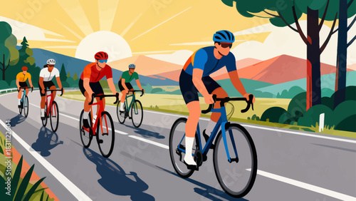 This vibrant geometric-style illustration depicts a cyclist riding a bicycle on a road, surrounded by trees and mountains under a vivid sunset sky, capturing the energy of outdoor cycling.
