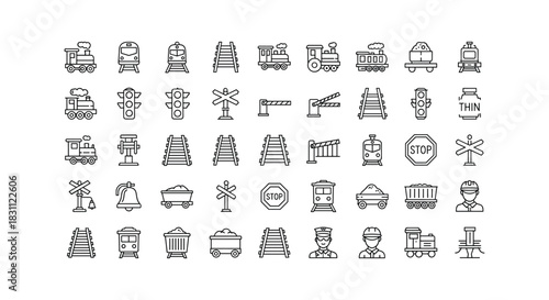 Collection of outline icon set railroad railway train cargo station infrastructure transportation travel