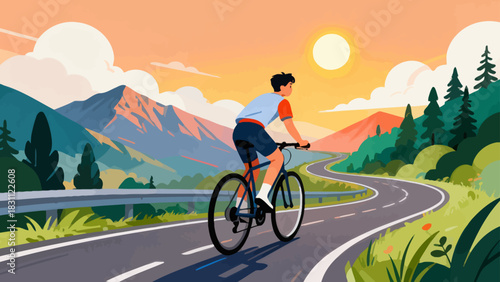 This vibrant geometric-style illustration depicts a cyclist riding a bicycle on a road, surrounded by trees and mountains under a vivid sunset sky, capturing the energy of outdoor cycling.