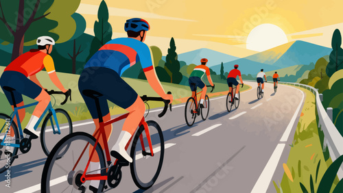 This vibrant geometric-style illustration depicts a cyclist riding a bicycle on a road, surrounded by trees and mountains under a vivid sunset sky, capturing the energy of outdoor cycling.