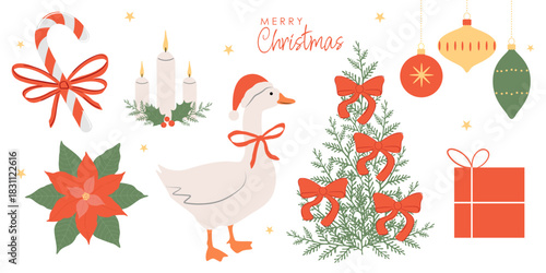 Set of festive winter elements in flat style, hand drawn, goose, candle, Christmas tree, mistletoe, candy cane, poinsettia, gift.