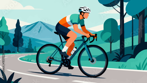 This vibrant geometric-style illustration depicts a cyclist riding a bicycle on a road, surrounded by trees and mountains under a vivid sunset sky, capturing the energy of outdoor cycling.