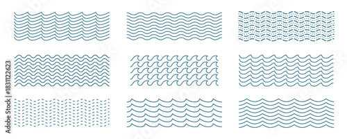 Wavy Horizontal Lines Ornament Pattern Set. Zig Zag Sea Wave Thin Lines. Vector Undulate Squiggly Sine Design Elements Collection. Curvy Wiggle Waveform Frame Corrugated Background Illustration