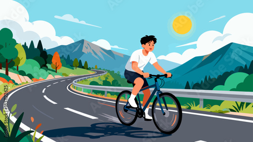 This vibrant geometric-style illustration depicts a cyclist riding a bicycle on a road, surrounded by trees and mountains under a vivid sunset sky, capturing the energy of outdoor cycling.