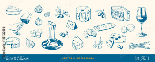 Wine and cheese food doodle sketch icons with bottle, grapes, olives and Italian food elements. Hand-drawn vintage vector line art for restaurant menu, party invitation, or charcuterie board design