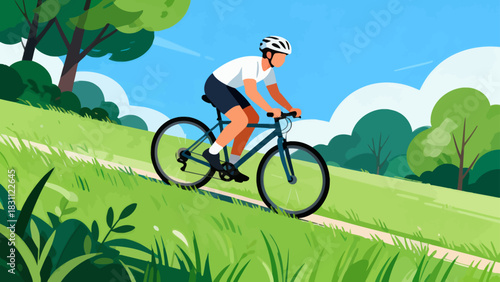 This vibrant geometric-style illustration depicts a cyclist riding a bicycle on a road, surrounded by trees and mountains under a vivid sunset sky, capturing the energy of outdoor cycling.