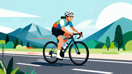 This vibrant geometric-style illustration depicts a cyclist riding a bicycle on a road, surrounded by trees and mountains under a vivid sunset sky, capturing the energy of outdoor cycling.