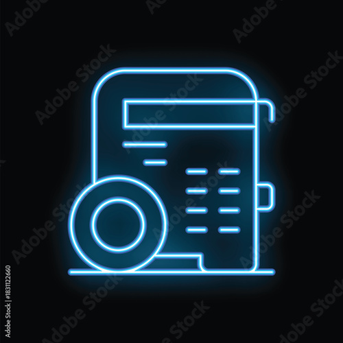 Glowing neon line icon of a coffee machine shining on a black background