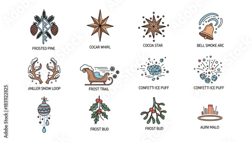 Festive Emblem Collection: An array of whimsical winter icons, including snowflakes, bells, and holiday symbols. Each festive icon captures the enchantment and charm of the season.