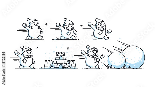 Winter Wonderland Fun: whimsical illustration captures the playful spirit of winter, with a delightful snowman engaged in a joyous snowball fight, and snow castle. 