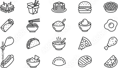Black and White Outline Set of 20 Diverse Food Icons: Essential Collection of Meal, Snack, Drink, and Dessert Graphics for Web Design and App UI