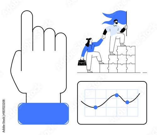 Hand pointing upward, two teammates climbing puzzle blocks with a flag, line graph tracking progress. Ideal for teamwork, leadership, growth, success, analytics business and mentorship. Simple flat