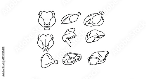 Chicken and other meat cuts vector design with outlines and white background editable and scalable