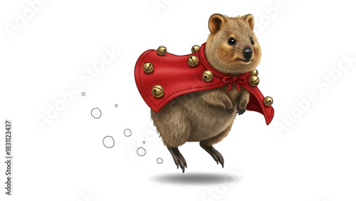 Whimsical Quokka: An adorable quokka, adorned with a festive cape, seemingly levitates, radiating cheerfulness and spreading joy.