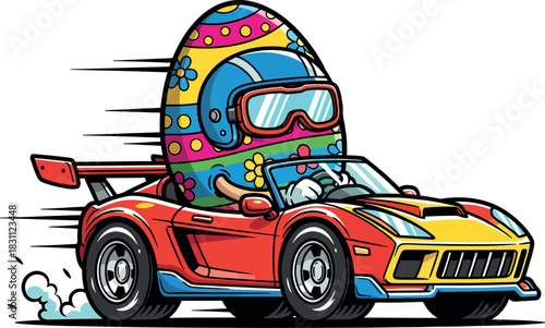 Racing Easter Egg Character Driving Red Sports Car Cartoon Illustration