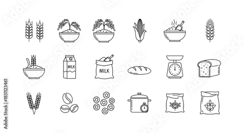 Collection of line art flour and bakery products icons set exactly 100 characters