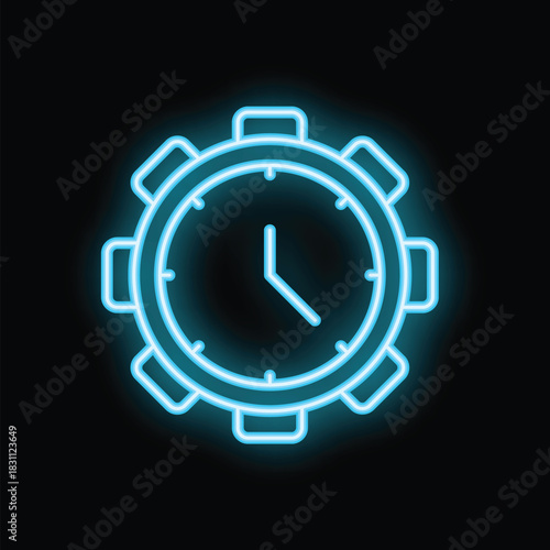 Neon blue clock is showing time passing, inside a cogwheel, on a black background