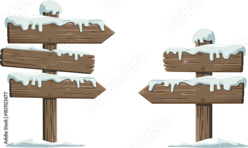 Snow Covered Wooden Signpost Vector Illustration, Winter Directional Arrow Boards, Rustic Holiday Pointer, Cartoon Graphic Element for Travel