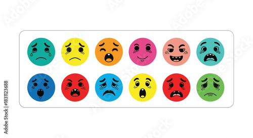 Collection of cartoon face expressions including happy sad angry and surprised on white background