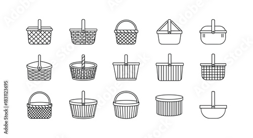 Collection of diverse woven picnic basket icons illustrating simple outline designs in vector format 100