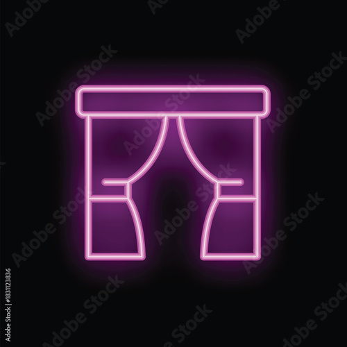Neon icon of curtains hanging from curtain rod glowing purple on black background