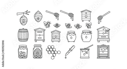 Honey and bee line icons set of apiary beekeeping and apiculture vector graphic illustration