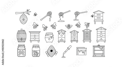 Honey and bee line icons set of apiary beekeeping and apiculture vector graphic illustration