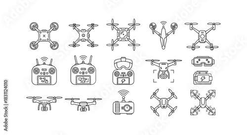 Drones icons set with different aerial cameras and control gadgets with outline style isolated vector art