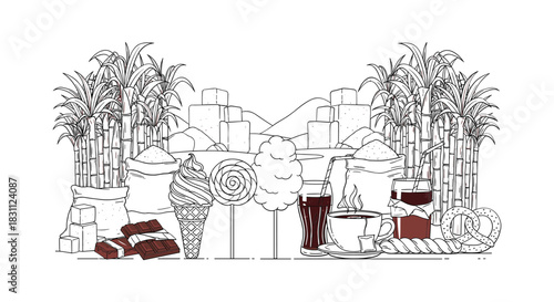 Sweet indulgence sugars sugarcane chocolate pretzel and beverages outline on white background vector illustration