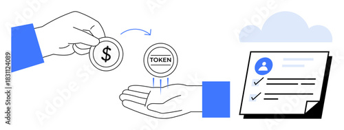 Hand transferring money to another hand with tokens, digital identification document, cloud. Ideal for cryptocurrency, token economy, blockchain, digital security, fintech, authentication