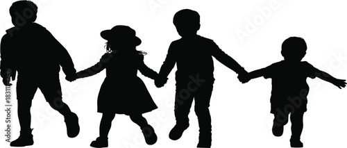 Children Holding Hands Vector Silhouette, Happy Kids Running Together, Childhood Friends Graphic Icon, Family Bonding and Youthful Play Illustration