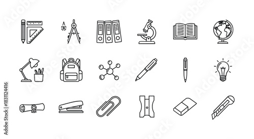 Back to school line icon set of student learning study supplies and education knowledge equipment